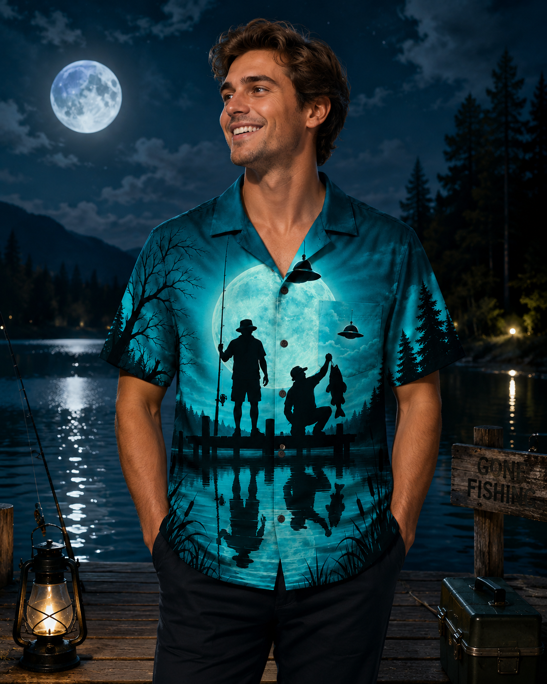 Teal Moon Father Son Dock Fishing Silhouette Camp Shirt