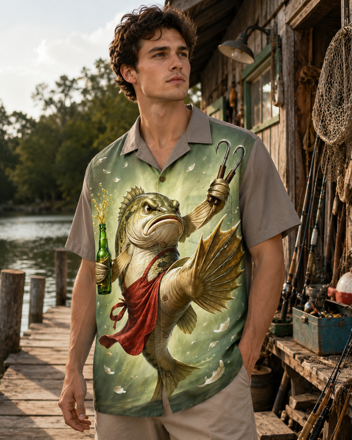 Green Grumpy Bass Fish Beer Bottle Hook Camp Shirt