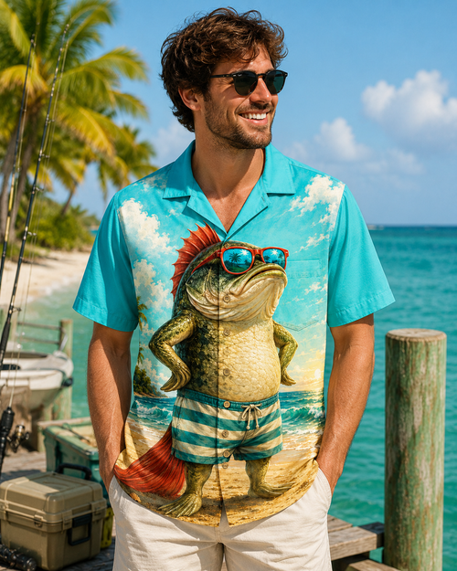 Teal Cool Bass Fish Sunglasses Beach Summer Camp Shirt