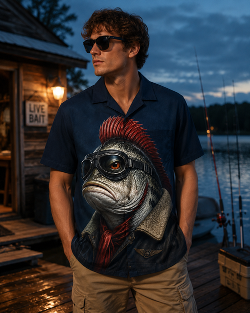 Navy Punk Bass Fish Mohawk Aviator Goggles Camp Shirt