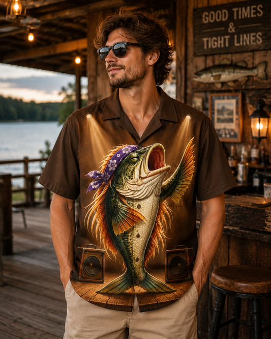 Brown Funny Rock Star Bass Fish Bandana Camp Shirt