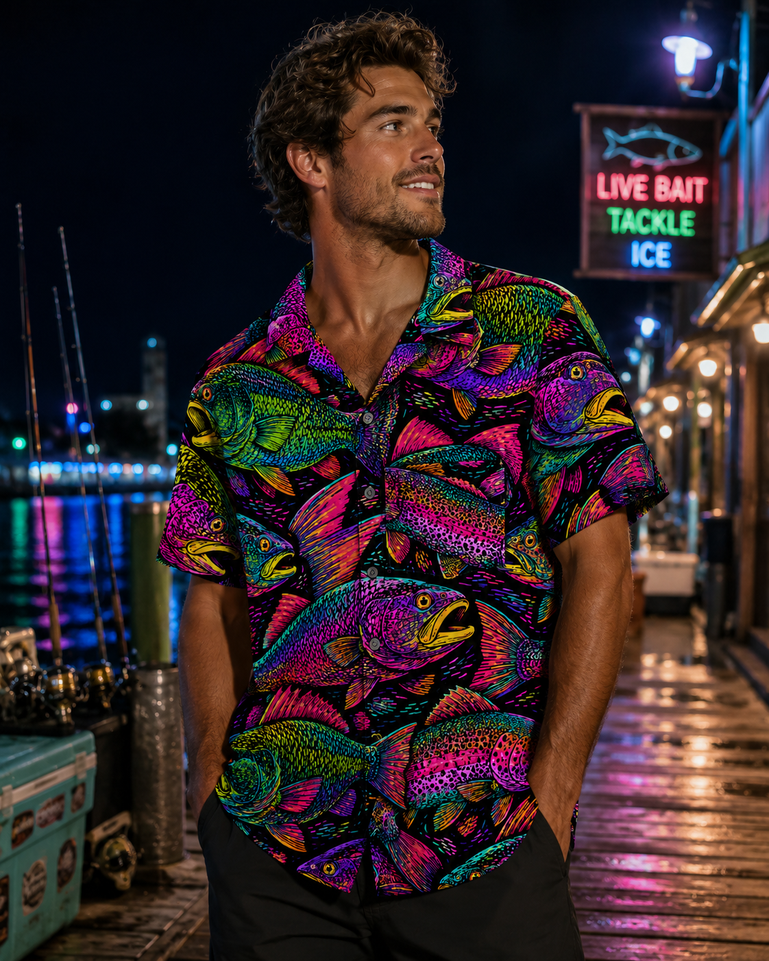 Black Neon Rainbow Bold Fish Psychedelic Camp Shirt