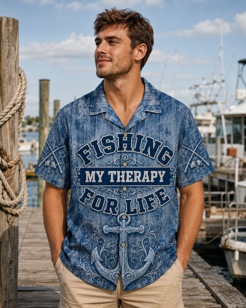 Fishing My Therapy For Life Blue Anchor Camp Shirt