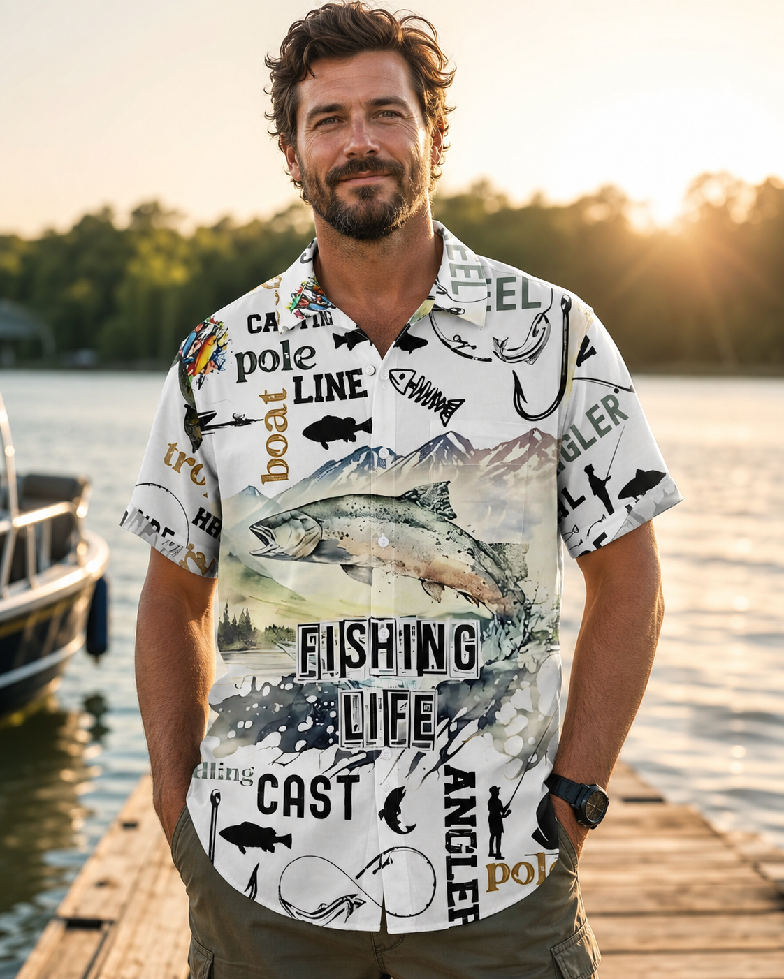 Men's Fishing Life Typography Hawaiian Shirt | Short Sleeve
