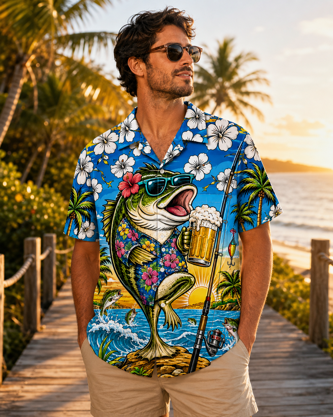 Cool Bass Fish Beer Hibiscus Men's Hawaiian Shirt