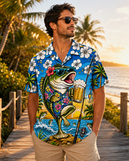 Cool Bass Fish Beer Hibiscus Men's Hawaiian Shirt