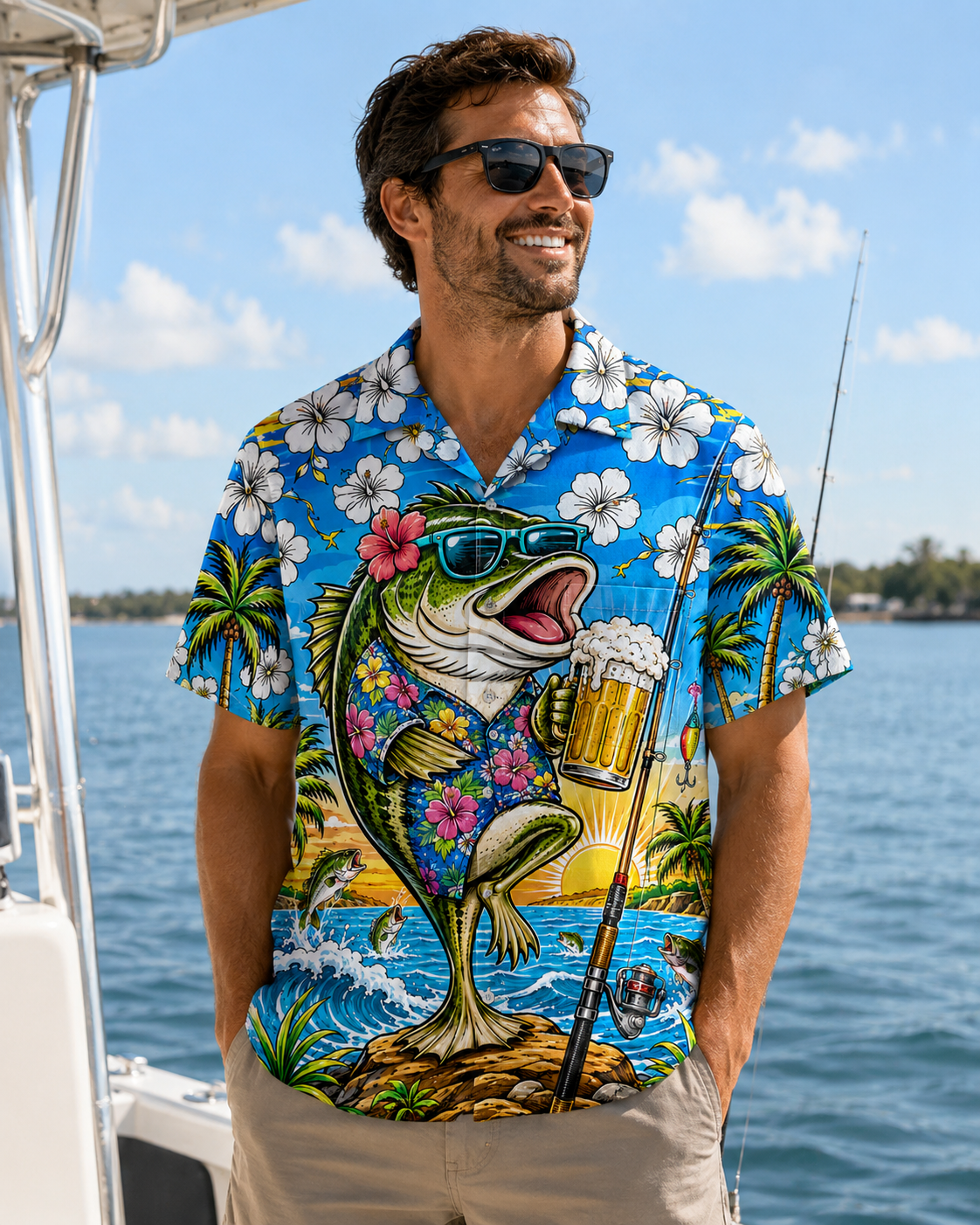 Cool Bass Fish Beer Hibiscus Men's Hawaiian Shirt