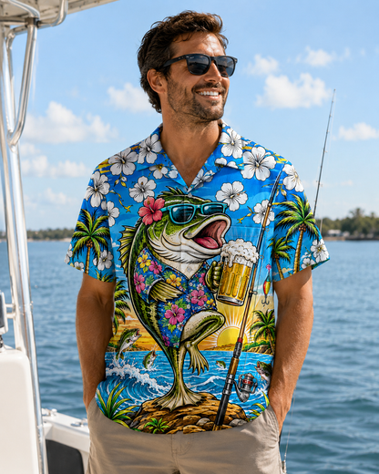 Cool Bass Fish Beer Hibiscus Men's Hawaiian Shirt