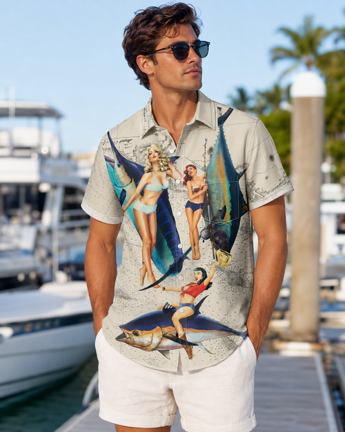 Men's Retro Pin Up Girls Marlin Tuna Map Hawaiian Shirt