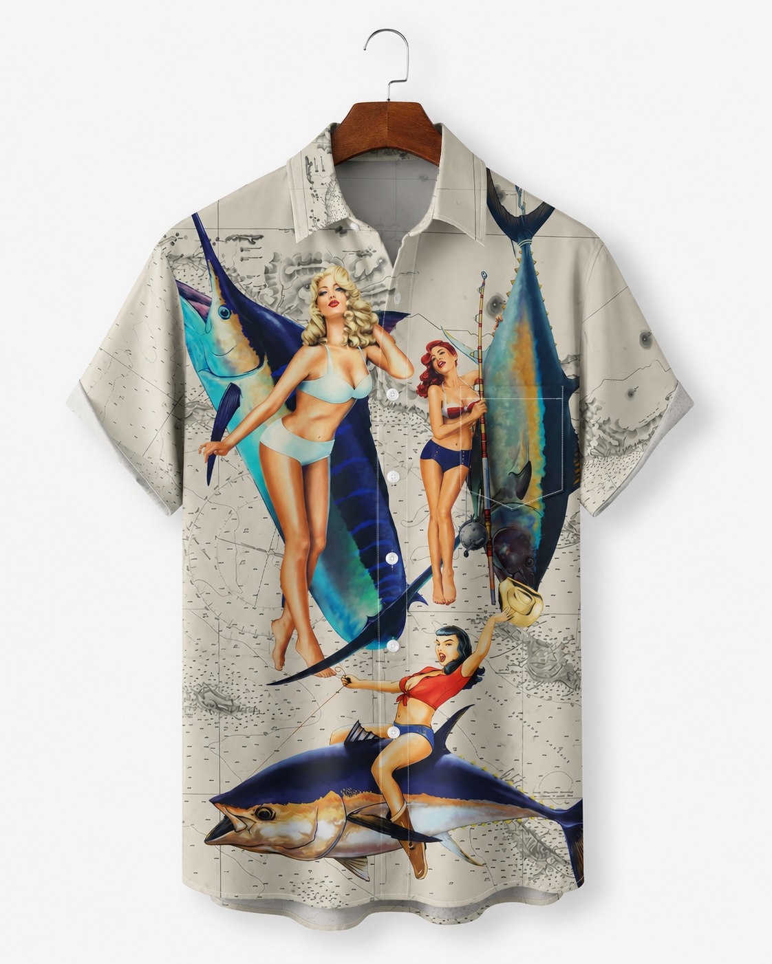 Men's Retro Pin Up Girls Marlin Tuna Map Hawaiian Shirt