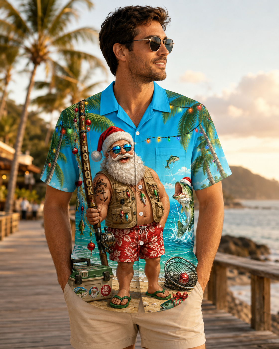 Santa Claus Fisherman Beach Christmas Men's Hawaiian Shirt