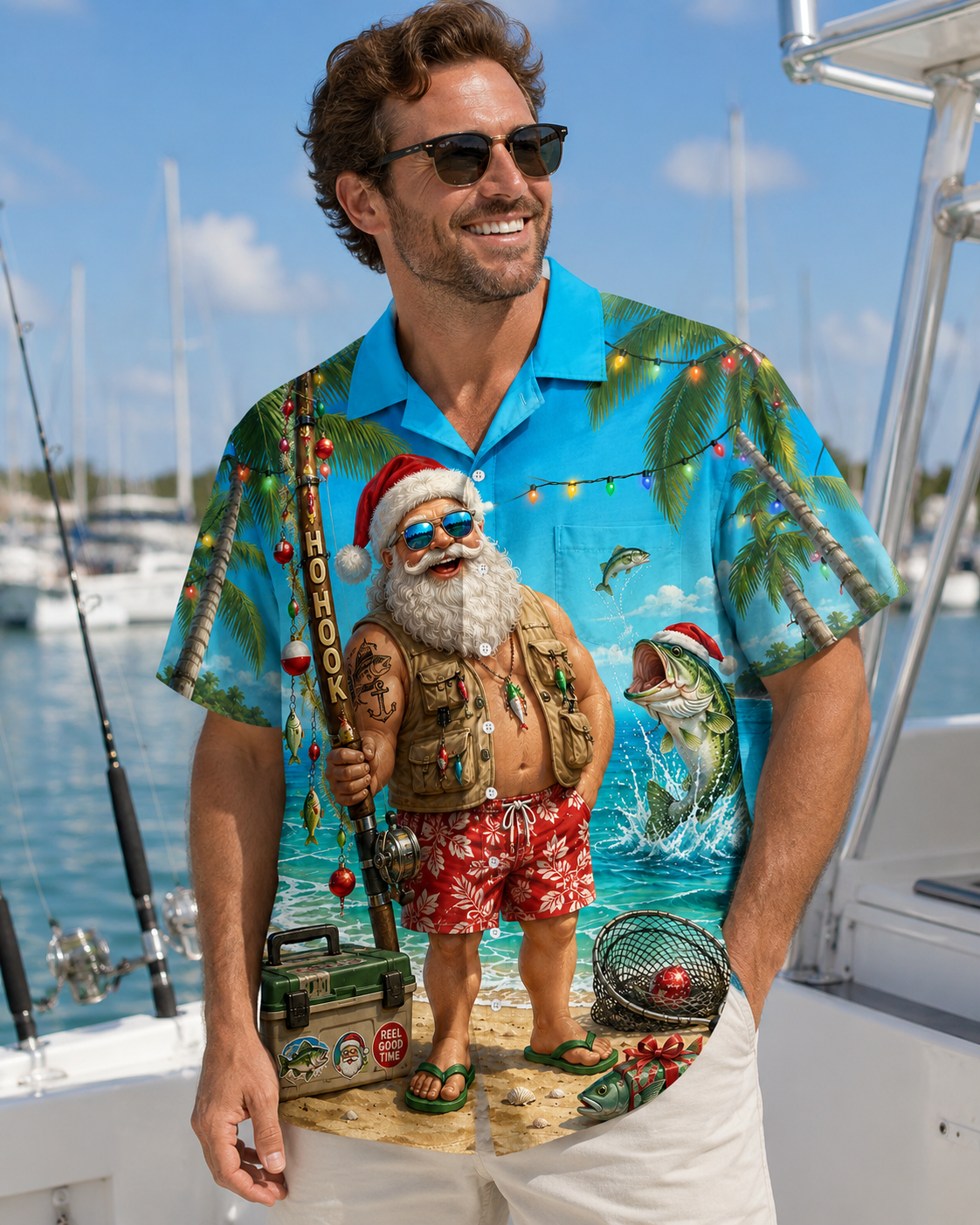 Santa Claus Fisherman Beach Christmas Men's Hawaiian Shirt