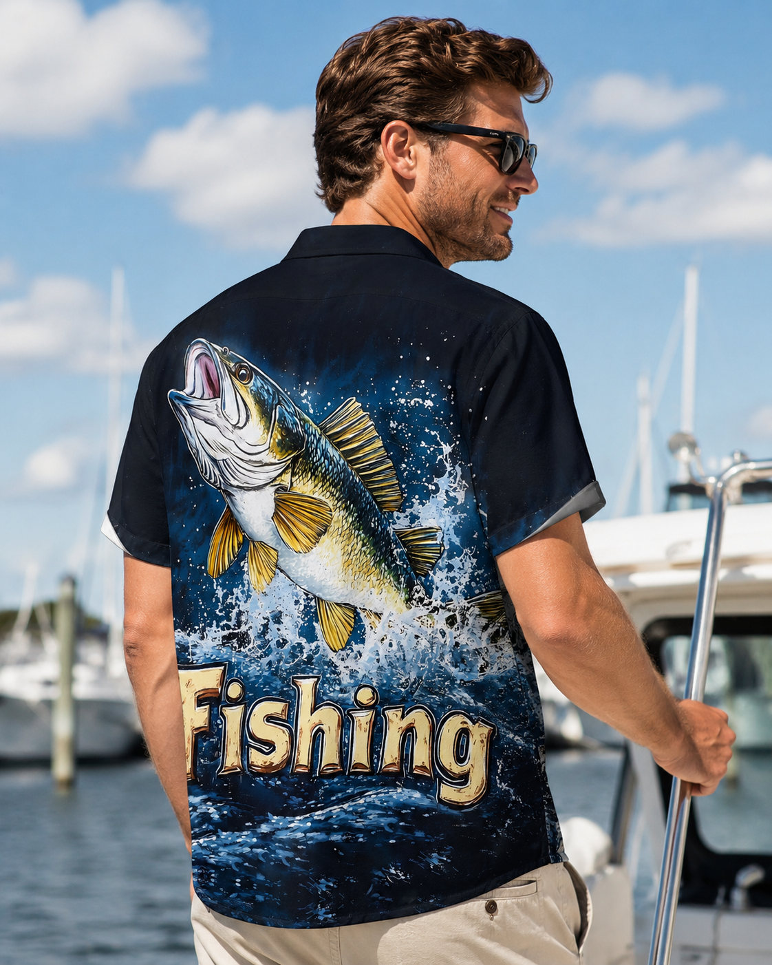 Jumping Bass Splash Fishing Men's Hawaiian Button Shirt