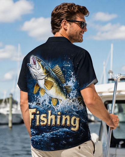 Jumping Bass Splash Fishing Men's Hawaiian Button Shirt