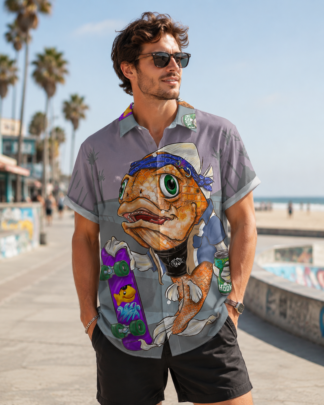 Funny Skater Koi Fish Streetwear Men's Hawaiian Shirt