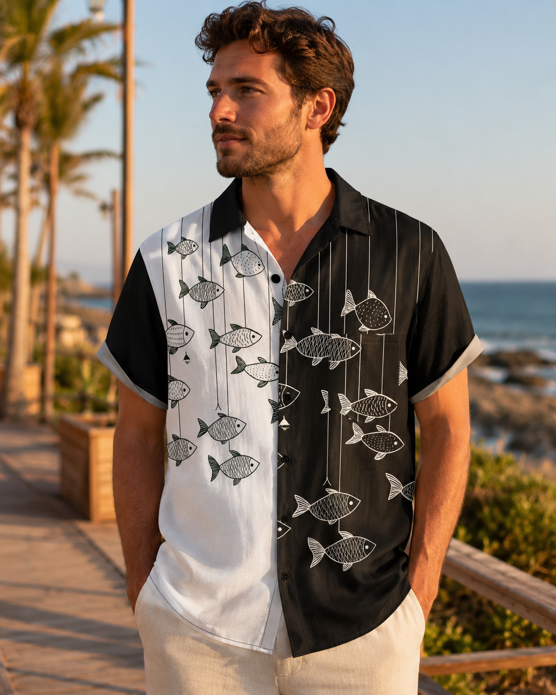 Black White Two-Tone Fish Line Men's Hawaiian Shirt