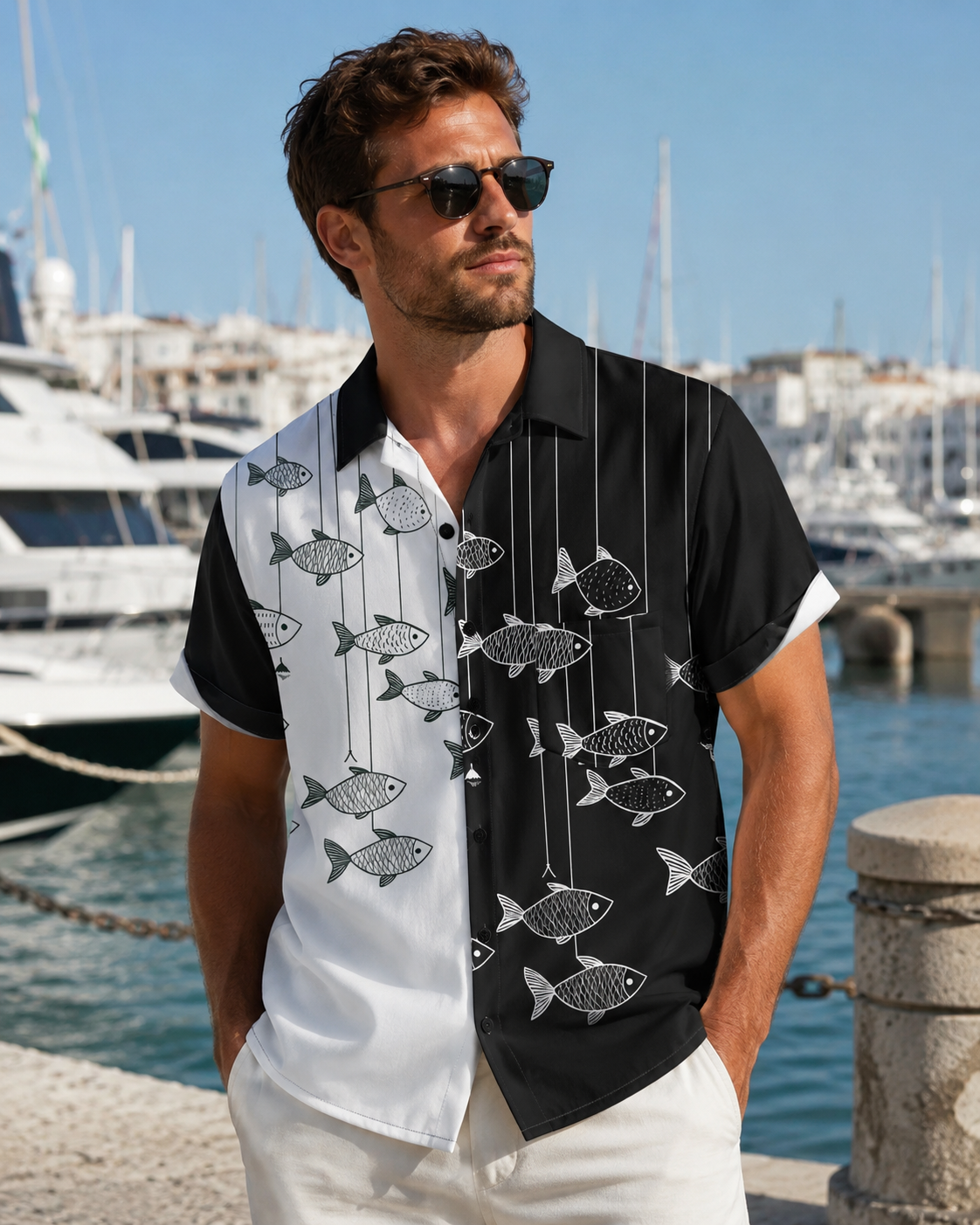 Black White Two-Tone Fish Line Men's Hawaiian Shirt
