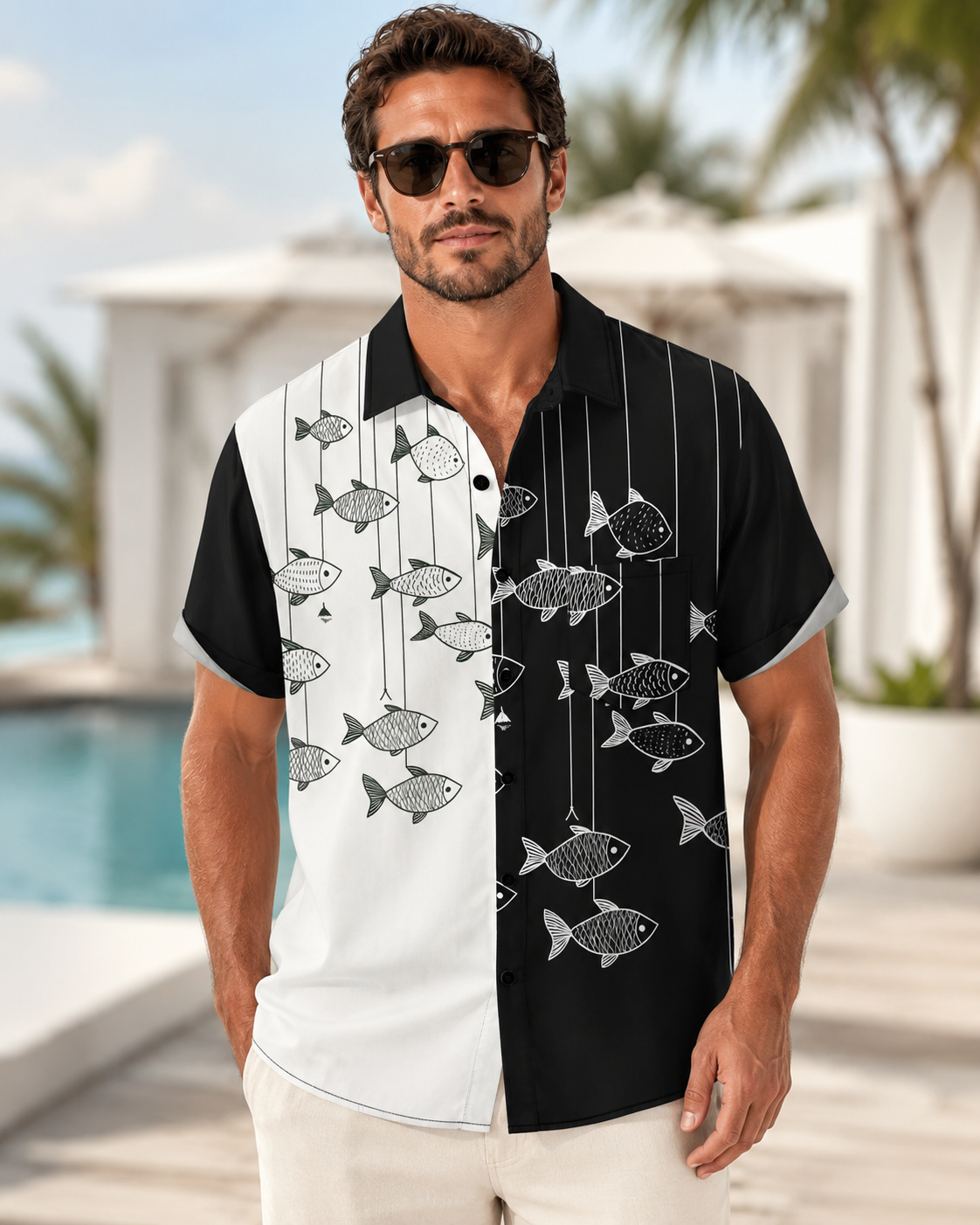 Black White Two-Tone Fish Line Men's Hawaiian Shirt