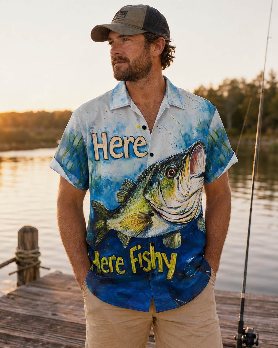 Here Fishy Fishy Bass Painting Men's Hawaiian Shirt