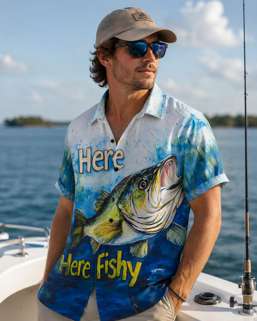 Here Fishy Fishy Bass Painting Men's Hawaiian Shirt