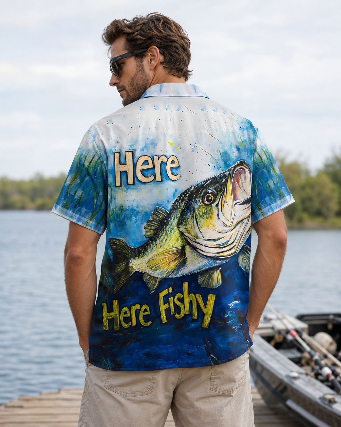 Here Fishy Fishy Bass Painting Men's Hawaiian Shirt