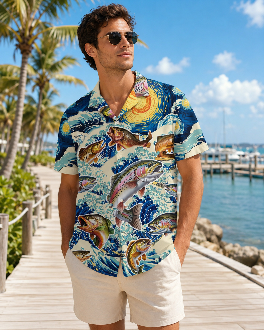 Men's Trout Fish Starry Night Wave Hawaiian Shirt