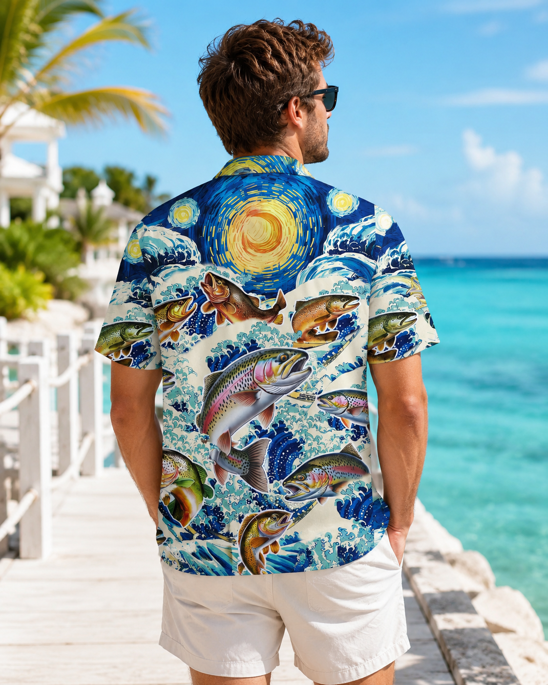 Men's Trout Fish Starry Night Wave Hawaiian Shirt