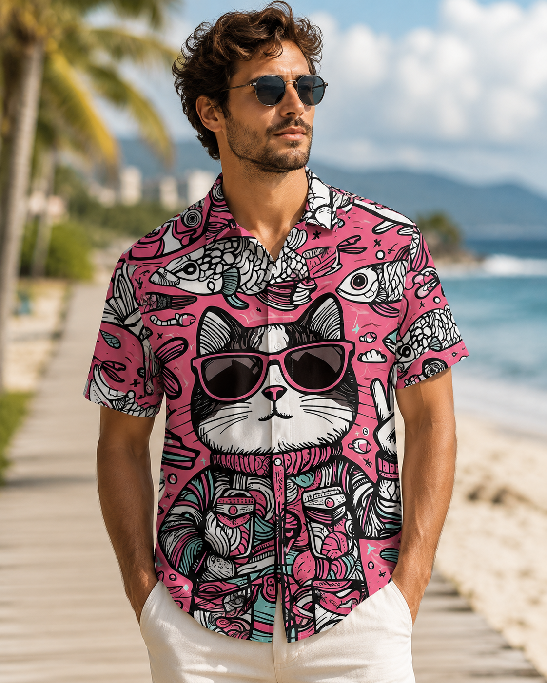 Cool Cat Sunglasses Fish Pink Men's Hawaiian Button Shirt