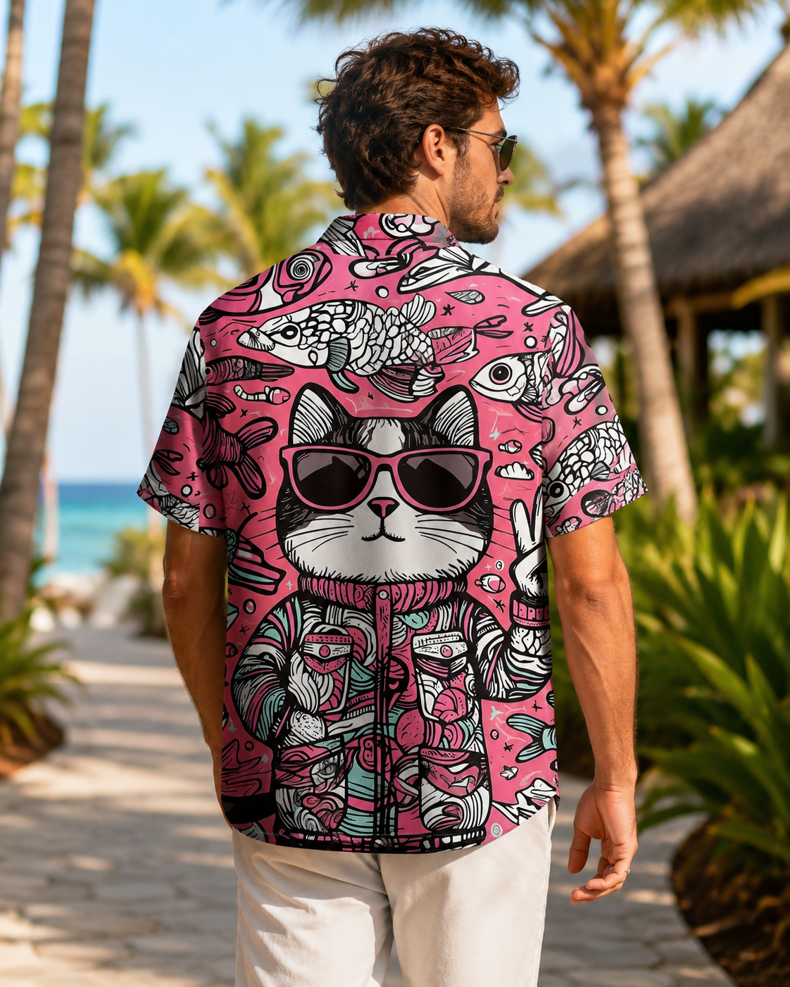 Cool Cat Sunglasses Fish Pink Men's Hawaiian Button Shirt