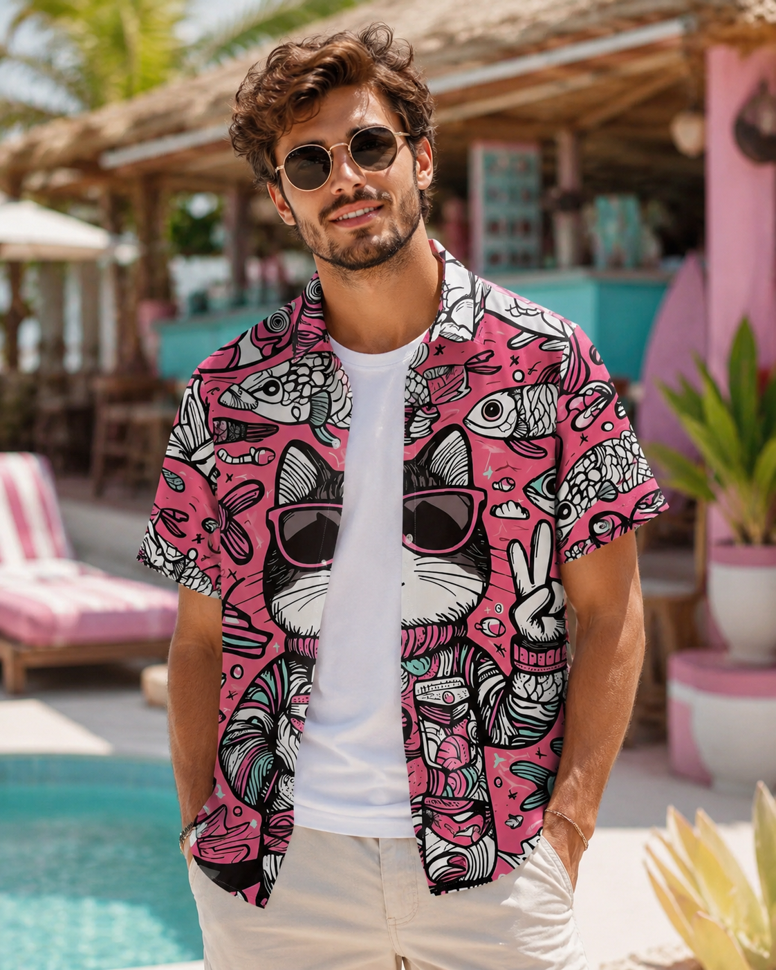 Cool Cat Sunglasses Fish Pink Men's Hawaiian Button Shirt