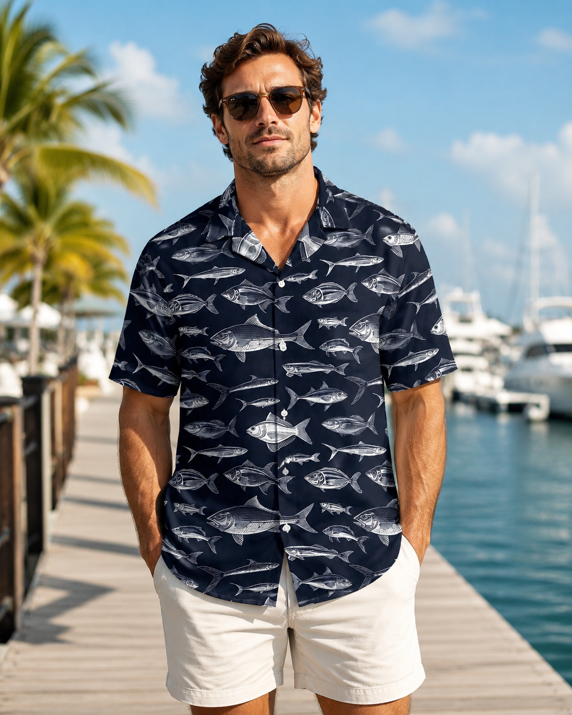 Men's White Fish Sketch Navy Blue Hawaiian Shirt
