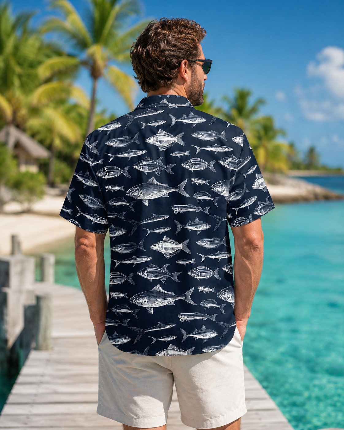 Men's White Fish Sketch Navy Blue Hawaiian Shirt