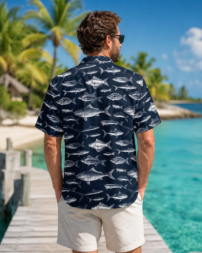 Men's White Fish Sketch Navy Blue Hawaiian Shirt