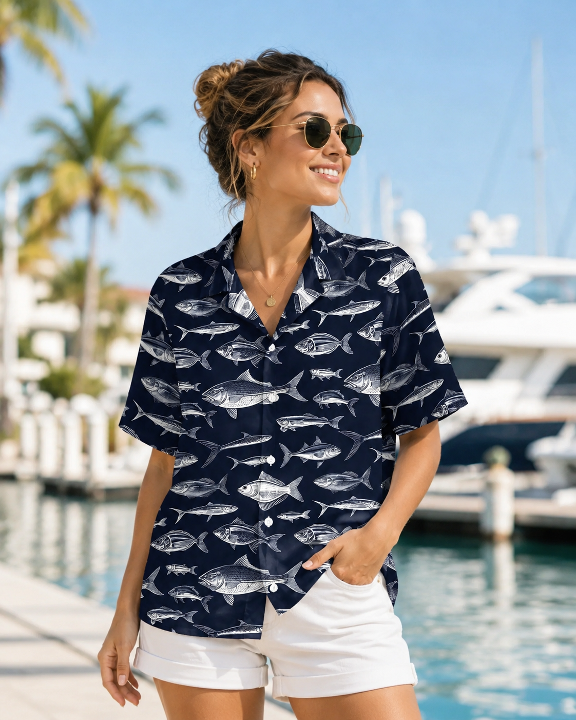 Men's White Fish Sketch Navy Blue Hawaiian Shirt