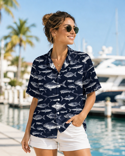 Men's White Fish Sketch Navy Blue Hawaiian Shirt