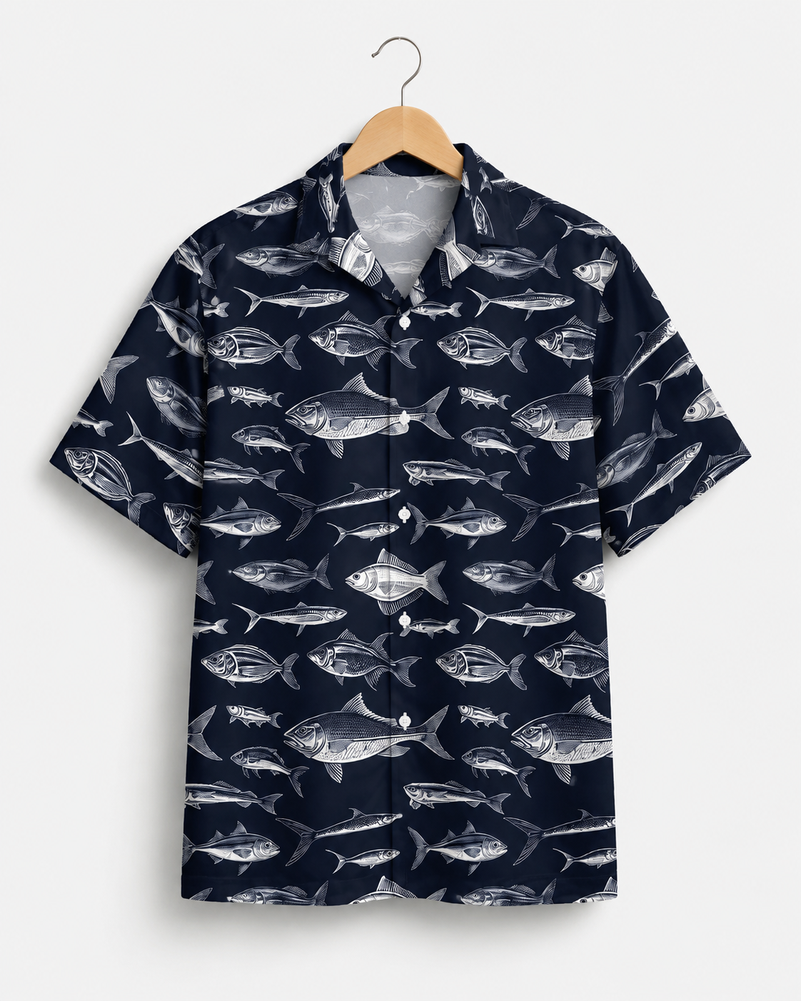 Men's White Fish Sketch Navy Blue Hawaiian Shirt