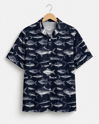 Men's White Fish Sketch Navy Blue Hawaiian Shirt