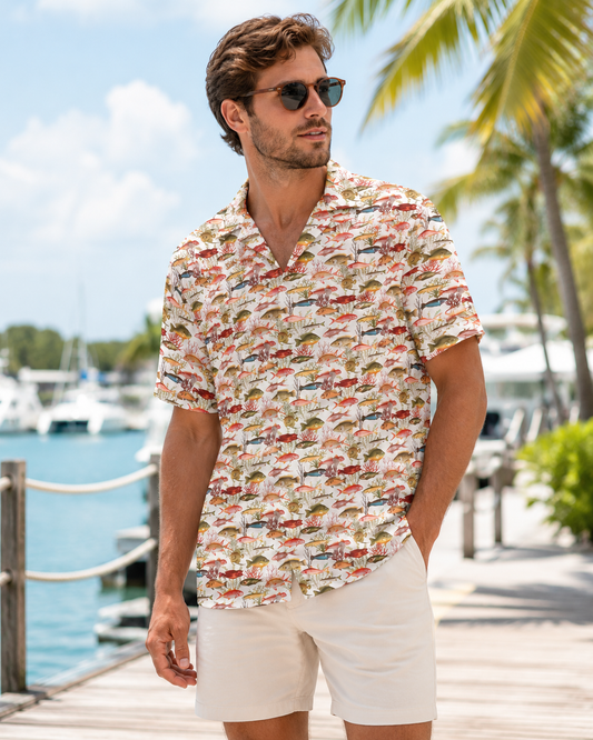 Men's Vintage Fish Coral Reef White Hawaiian Shirt