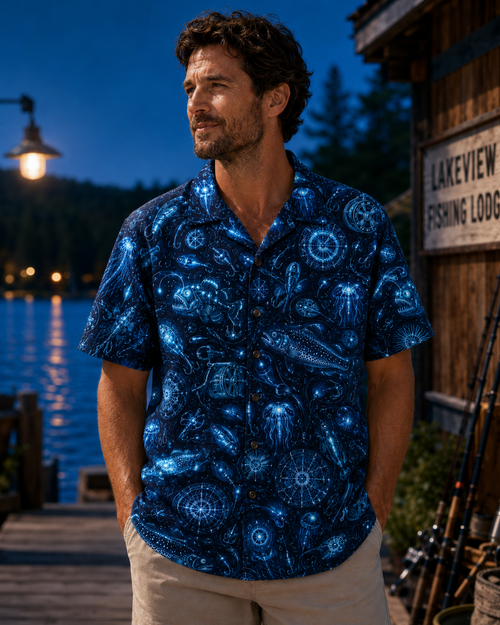 Navy Neon Glow Deep Sea Creature Fishing Camp Shirt
