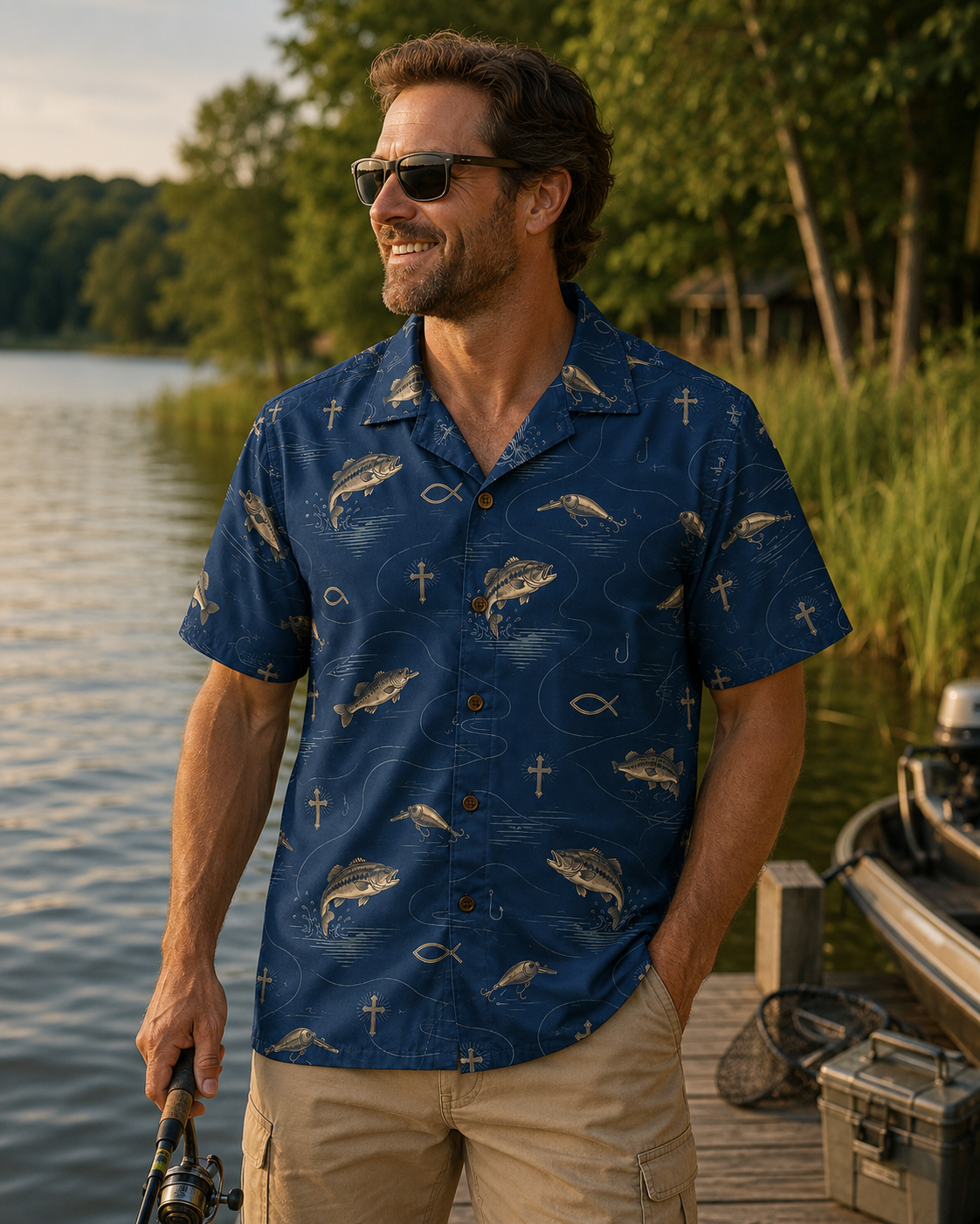 Christian Bass Fishing Hawaiian Shirt with Cross