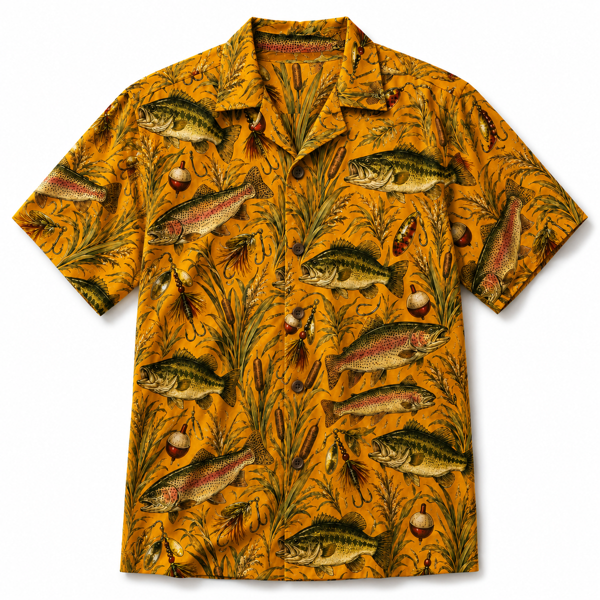 Golden Yellow Bass Trout Lure Reed Botanical Camp Shirt