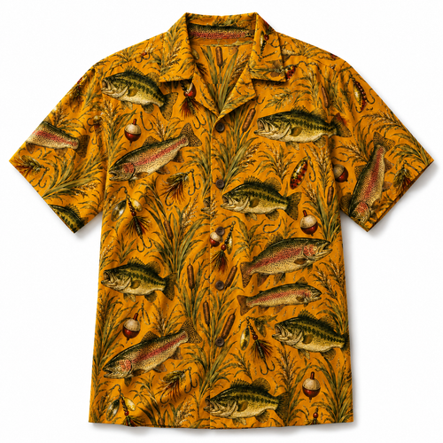 Golden Yellow Bass Trout Lure Reed Botanical Camp Shirt