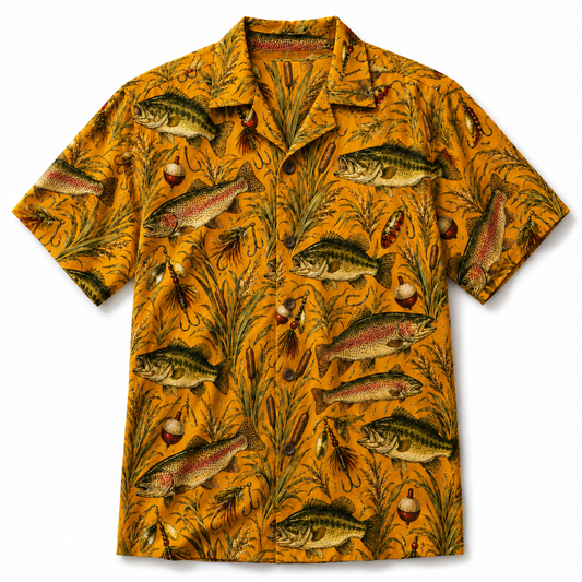 Golden Yellow Bass Trout Lure Reed Botanical Camp Shirt