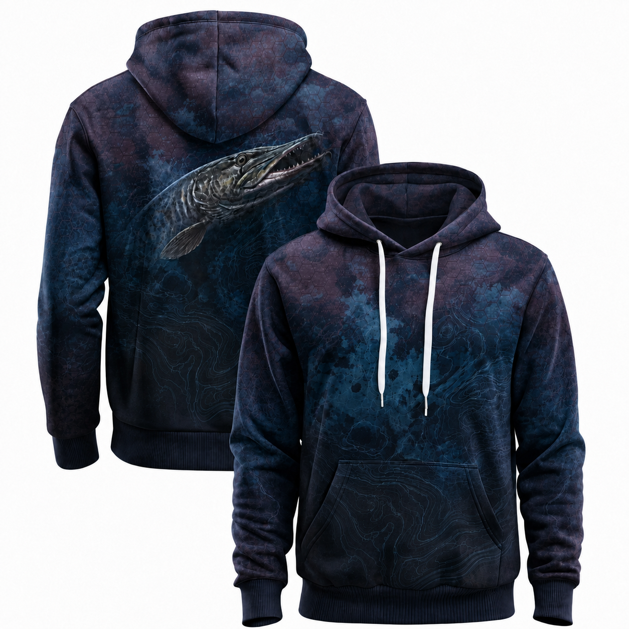 Muskie 3D Fishing Hoodie – Blue Hex Dark Water Angler Gift