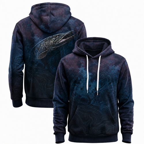 Muskie 3D Fishing Hoodie – Blue Hex Dark Water Angler Gift