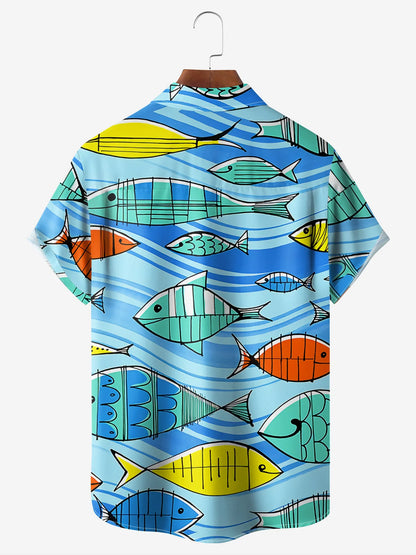 Blue Wave Retro Cartoon Doodle Fish Hawaii Camp Shirt