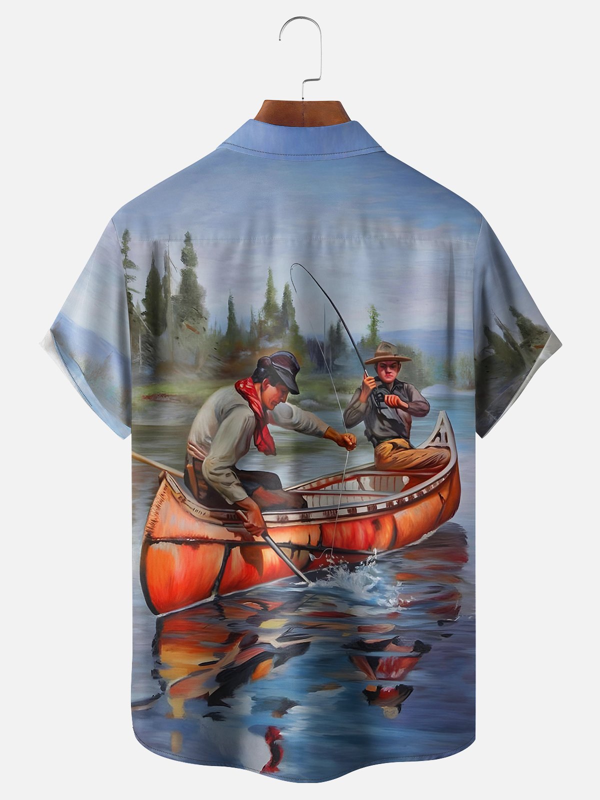Vintage Oil Painting Two Men Canoe Lake Fishing Shirt