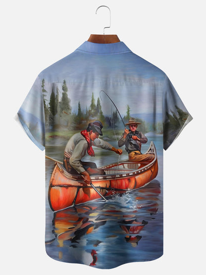 Vintage Oil Painting Two Men Canoe Lake Fishing Shirt