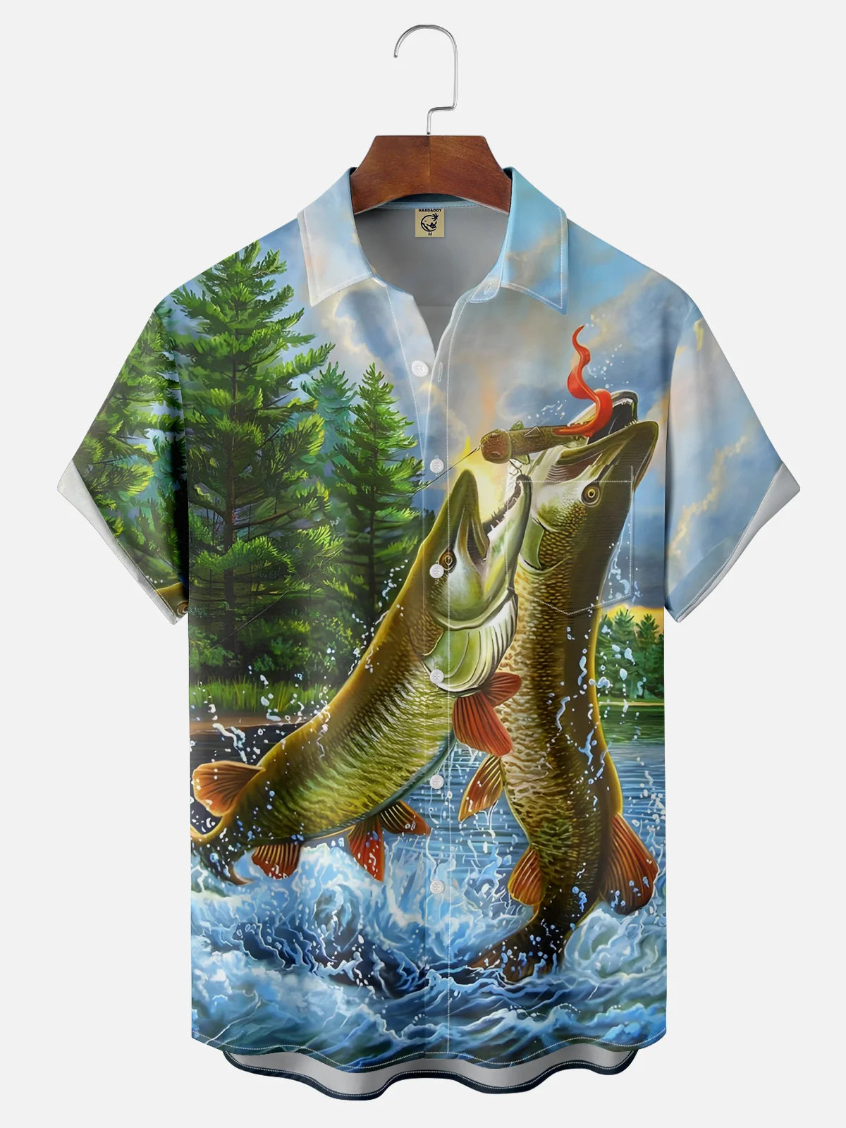 Men's Jumping Pike Bass Fish Forest Lake Hawaiian Shirt