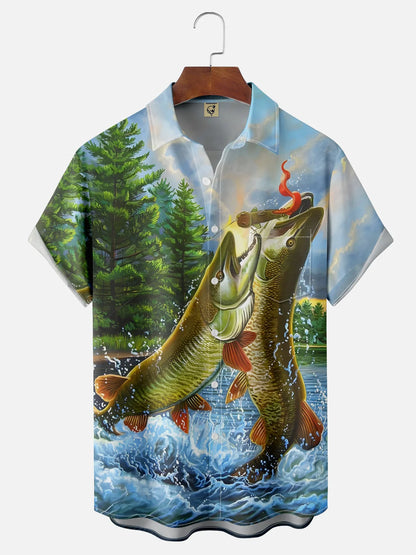 Men's Jumping Pike Bass Fish Forest Lake Hawaiian Shirt
